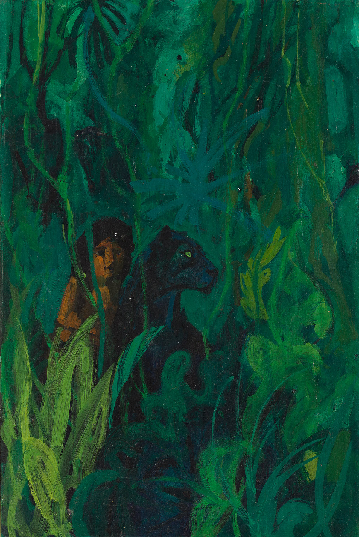 ROBERT SHORE Mowgli and Bagheera in jungle.